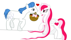 Size: 3527x2013 | Tagged: safe, artist:breadking, orion, shooting star (character), oc, oc only, oc:rubie heart, alicorn, earth pony, pony, g4, basket, female, flower, high res, male, mare, mouth hold, simple background, stallion, transparent background