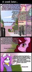Size: 864x1920 | Tagged: safe, artist:darkestmbongo, oc, oc only, oc:d.d, earth pony, pony, unicorn, ask ddthemaid, comic:ddthemaid memories, bench, clothes, comic, dialogue, dress, female, generic pony, pigtails, scarf, skirt