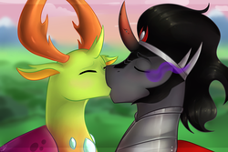 Size: 1080x720 | Tagged: safe, artist:tigra0118, king sombra, thorax, changedling, changeling, pony, unicorn, g4, blushing, crack shipping, duo, eyes closed, gay, king thorax, kiss on the lips, kissing, love, male, romance, shipping, sombra eyes, stallion, thombra