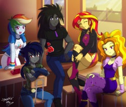 Size: 4000x3383 | Tagged: safe, artist:danmakuman, adagio dazzle, rainbow dash, sunset shimmer, oc, oc:midnight radiance (sixpathspony), oc:moonshade, human, equestria girls, g4, adagiance, boots, breasts, chains, classroom, cleavage, clothes, commission, crossed legs, female, high heel boots, high heels, high res, looking at you, male, midmoon, ow the edge, shoes, sitting, table