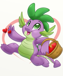 Size: 1000x1200 | Tagged: safe, artist:itstaylor-made, spike, dragon, g4, basket, heart, male, simple background, skipping, solo, white background
