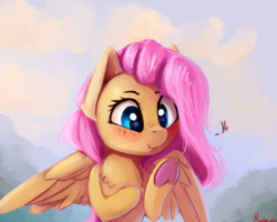 Size: 2500x2000 | Tagged: safe, artist:miokomata, fluttershy, pegasus, pony, g4, blushing, bust, chest fluff, cute, female, freckles, frog (hoof), hi, high res, mare, raised hoof, shyabetes, smiling, solo, underhoof, wings