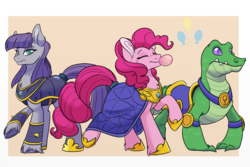 Size: 1500x1000 | Tagged: safe, artist:itstaylor-made, gummy, maud pie, pinkie pie, pony, g4, armor, bubblegum, clothes, cutie mark, element of laughter, food, guard, gum, older, simple background, story in the comments, tan background, unshorn fetlocks