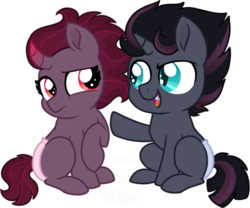 Size: 600x500 | Tagged: safe, artist:tambelon, oc, oc only, oc:flicker flash, oc:shadow gale, pony, unicorn, g4, my little pony: the movie, baby, baby pony, brother and sister, colt, diaper, duo, fangs, female, filly, foal, male, next generation, offspring, parent:king sombra, parent:tempest shadow, parents:sombrest, simple background, transparent background