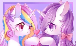 Size: 2200x1330 | Tagged: safe, artist:leafywind, oc, oc only, alicorn, pony, unicorn, alicorn oc, bow, colored pupils, duo, duo female, ear fluff, female, flower, flower in hair, hair bow, heart, mare, spread wings, starry eyes, wingding eyes, wings