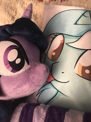 Size: 1536x2048 | Tagged: safe, artist:epicrainbowcrafts, lyra heartstrings, twilight sparkle, g4, body pillow, clothes, irl, photo, photography, plushie, socks, striped socks, tongue out