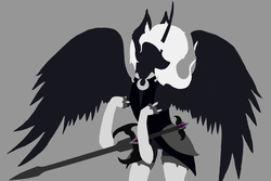 Size: 2261x1510 | Tagged: safe, artist:lacunah, oc, oc only, oc:phantom whisper, alicorn, pony, female, gray background, hooves, horn, lineless, mare, minimalist, simple background, solo, spread wings, sword, weapon, wings