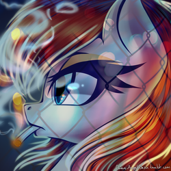Size: 2000x2000 | Tagged: safe, artist:chaosangeldesu, oc, oc only, pony, bust, cigarette, female, fence, high res, mare, portrait, profile, shadow, smoke, smoking, solo, ych result