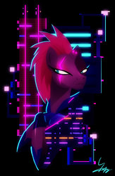 Size: 600x920 | Tagged: safe, artist:ii-art, tempest shadow, pony, unicorn, g4, my little pony: the movie, abstract background, armor, broken horn, bust, crossed hooves, eye scar, female, horn, lidded eyes, neon, scar, solo