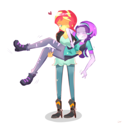 Size: 2850x2800 | Tagged: safe, artist:noahther, starlight glimmer, sunset shimmer, equestria girls, equestria girls specials, g4, mirror magic, beanie, bridal carry, clothes, eyes closed, female, hat, heart, high res, jacket, leather jacket, lesbian, one eye closed, pants, ship:shimmerglimmer, shipping, simple background, vest, white background, wink