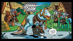 Size: 1136x640 | Tagged: safe, artist:brenda hickey, idw, rockhoof, earth pony, pony, g4, legends of magic #2, my little pony: legends of magic, spoiler:comic, fat, majestic as fuck, male, mighty helm, out of shape, stallion, tight clothing