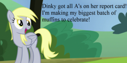 Size: 920x460 | Tagged: safe, edit, edited screencap, editor:korora, screencap, derpy hooves, g4, rock solid friendship, cropped, grading, happy, implied dinky, report cards, smiling