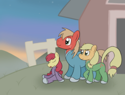 Size: 2048x1556 | Tagged: safe, artist:wingcommanderrudoji, apple bloom, applejack, big macintosh, earth pony, pony, g4, apple siblings, barn, clothes, dawn, eyes closed, female, filly, footed sleeper, footie pajamas, male, mare, morning ponies, onesie, open mouth, outdoors, pajamas, siblings, sitting, sleepy, stallion, trio, yawn