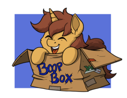 Size: 3300x2550 | Tagged: safe, artist:latecustomer, oc, oc only, oc:origami, pony, unicorn, blue background, boop box, box, commission, cute, eyes closed, high res, male, ocbetes, open mouth, pony in a box, simple background, solo, transparent background