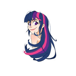Size: 600x600 | Tagged: safe, artist:guywhodoesart, twilight sparkle, human, g4, bare shoulder portrait, bare shoulders, bust, female, humanized, long hair, looking at you, looking back, looking back at you, looking over shoulder, no catchlights, nudity, portrait, simple background, smiling, solo, white background