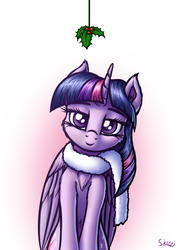 Size: 1011x1419 | Tagged: safe, artist:skorpionletun, twilight sparkle, alicorn, pony, chest fluff, clothes, female, holly, holly mistaken for mistletoe, looking at you, mare, scarf, simple background, solo, twilight sparkle (alicorn), white background