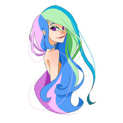 Size: 600x600 | Tagged: safe, artist:guywhodoesart, princess celestia, human, g4, bare shoulder portrait, bare shoulders, bust, female, humanized, long hair, looking back, nudity, portrait, simple background, smiling, solo, strategically covered, white background