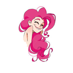 Size: 600x600 | Tagged: safe, artist:guywhodoesart, pinkie pie, human, g4, bare shoulder portrait, bare shoulders, bust, cute, diapinkes, eyes closed, female, humanized, lip bite, long hair, nudity, portrait, simple background, smiling, solo, strategically covered, white background