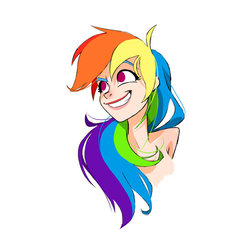 Size: 600x600 | Tagged: safe, artist:guywhodoesart, rainbow dash, human, g4, bare shoulder portrait, bare shoulders, bust, female, humanized, long hair, nudity, portrait, simple background, smiling, solo, white background