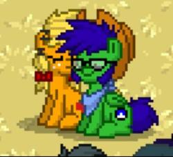 Size: 332x300 | Tagged: safe, applejack, oc, oc:lucky crescent, pegasus, pony, unicorn, pony town, g4, canon x oc, cutie mark, eyes closed, glasses, hat, outdoors, sleeping, snuggling