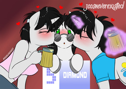 Size: 1280x905 | Tagged: safe, artist:jcosneverexisted, oc, oc only, oc:alexander, oc:creative flair, oc:spiky flair, anthro, alcohol, beer, blushing, doodle, drunk, female, kissing, male, patreon, straight, surprise kiss, surprised