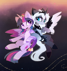 Size: 2580x2735 | Tagged: safe, artist:magnaluna, princess luna, twilight sparkle, alicorn, pony, alternate hairstyle, alternate universe, colored wings, cute, duo, female, flying, heart eyes, jewelry, looking at each other, lunabetes, mare, open mouth, regalia, smiling, stars, twiabetes, twilight sparkle (alicorn), wingding eyes