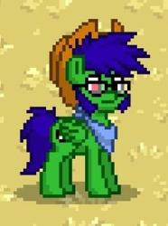Size: 223x300 | Tagged: safe, oc, oc only, oc:lucky crescent, pegasus, pony, pony town, cutie mark, glasses, hat, outdoors, solo, standing