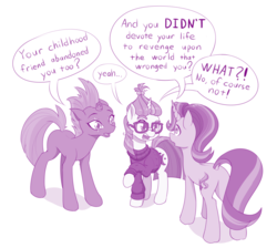 Size: 1000x894 | Tagged: safe, artist:dstears, fizzlepop berrytwist, moondancer, starlight glimmer, tempest shadow, pony, unicorn, g4, my little pony: the movie, blank flank, clothes, cute, dancerbetes, dialogue, dock, eye scar, female, glasses, glimmerbetes, mare, monochrome, only sane by comparison, open mouth, purple, raised hoof, scar, simple background, speech bubble, sweater, tempestbetes, trio, white background