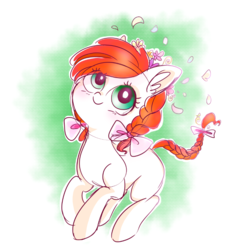 Size: 850x842 | Tagged: safe, artist:pinkablue, oc, oc only, oc:flowering, earth pony, pony, bowtie, female, flower, flower in hair, happy, simple background, smiling, solo