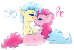 Size: 1800x1220 | Tagged: safe, artist:bubbles906, pinkie pie, princess skystar, classical hippogriff, hippogriff, pony, g4, my little pony: the movie, blushing, eyes closed, female, lesbian, mare, prone, ship:skypie, shipping, simple background, smiling, white background