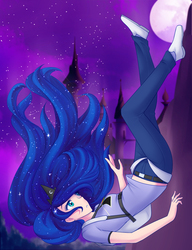 Size: 1280x1665 | Tagged: safe, artist:jonfawkes, princess luna, human, g4, backpack, band shirt, canterlot, clothes, falling, female, full moon, hipgnosis, humanized, jewelry, moon, night, parachute, pink floyd, regalia, solo, the dark side of the moon