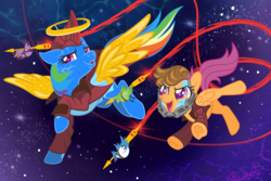 Size: 3072x2048 | Tagged: safe, artist:myhandsarecrazy, rainbow dash, scootaloo, pegasus, pony, g4, clothes, cosplay, costume, crossover, duo, guardians of the galaxy, high res, marvel, open mouth, scootaloo can fly, scootalove, star-lord, yondu udonta