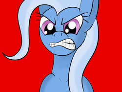 Size: 3857x2893 | Tagged: safe, artist:sunpie, trixie, pony, unicorn, g4, angry, female, high res, looking at you, mare, red background, scowl, simple background, solo, teeth