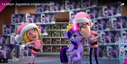 Size: 1366x694 | Tagged: dead source, safe, screencap, spike, twilight sparkle, alicorn, dragon, human, pony, g4, christmas, christmas outfit, commercial, female, holiday, hug, liverpool, mare, mexico, robotwi, smiling, standing, toy, twilight sparkle (alicorn), youtube