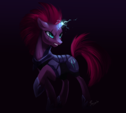 Size: 2000x1800 | Tagged: safe, artist:sertralite, tempest shadow, pony, unicorn, g4, my little pony: the movie, armor, black background, broken horn, eye scar, female, glowing horn, horn, magic, raised hoof, scar, signature, simple background, solo, sparking horn