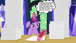 Size: 1280x720 | Tagged: safe, edit, edited screencap, screencap, twilight sparkle, alicorn, pony, g4, once upon a zeppelin, season 7, bored, female, floppy ears, magic, magic aura, paperwork, quill pen, solo, stacks, thought bubble, twilight sparkle (alicorn), twilight's castle, window, writing