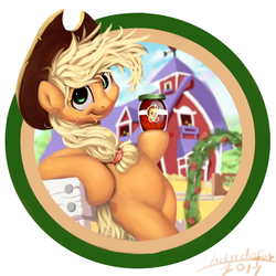 Size: 3000x3000 | Tagged: safe, artist:mindofor, applejack, earth pony, pony, g4, bipedal, buy some apples, female, high res, jar, leaning back, looking at you, smiling, solo, standing, sweet apple acres