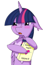 Size: 1760x2500 | Tagged: safe, artist:randomelight, twilight sparkle, alicorn, pony, g4, blushing, book, chest fluff, ear blush, ear fluff, embarrassed, female, floppy ears, fluffy, halfbody, implied shipping, scrunchy face, simple background, solo, transparent background, twilight sparkle (alicorn)
