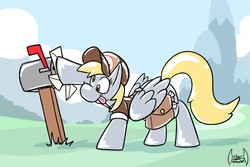 Size: 1280x853 | Tagged: safe, artist:soul-silver-dragon, derpy hooves, pegasus, pony, rubber pony, g4, :p, derp, female, hat, hoof hold, latex, letter, mail, mailbag, mailbox, mailmare, mailpony, mare, pushing, rubber, smiling, tongue out