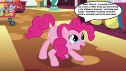 Size: 1280x720 | Tagged: safe, edit, edited screencap, screencap, pinkie pie, discordant harmony, g4, season 7, ball, behaving like a dog, cart, cute, desk, diapinkes, female, implied discord, open mouth, party hats, party planning, solo, speech bubble, store