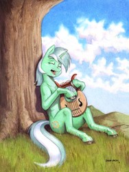Size: 1100x1461 | Tagged: safe, artist:baron engel, lyra heartstrings, pony, unicorn, g4, against tree, colored pencil drawing, eyes closed, female, lyre, mare, open mouth, playing, singing, solo, traditional art, tree, under the tree