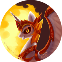 Size: 836x836 | Tagged: safe, artist:chirpy-chi, daybreaker, alicorn, pony, a royal problem, g4, bust, evil grin, fangs, female, grin, looking at you, portrait, profile, simple background, smiling, solo, transparent background