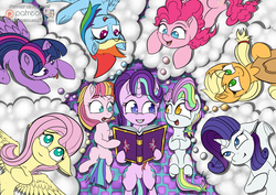 Size: 1280x905 | Tagged: safe, artist:calena, applejack, coconut cream, fluttershy, pinkie pie, rainbow dash, rarity, starlight glimmer, toola roola, twilight sparkle, alicorn, pony, fame and misfortune, g4, :p, book, both cutie marks, cloud, cute, ear fluff, lying down, mane six, mlem, open mouth, patreon, patreon logo, reading, silly, smiling, thinking, tongue out, twilight sparkle (alicorn)