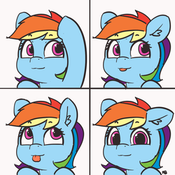 Size: 1500x1500 | Tagged: safe, artist:pabbley, rainbow dash, pegasus, pony, 30 minute art challenge, :3, :p, cute, dashabetes, ear fluff, female, floppy ears, looking at you, looking up, loss (meme), loss edit, mare, meme, silly, silly pony, simple background, smiling, solo, tongue out, white background