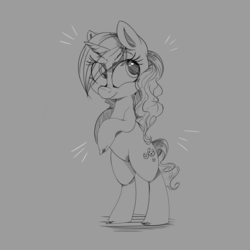 Size: 1660x1660 | Tagged: safe, artist:dapurpleheart, sweet biscuit, pony, unicorn, g4, adorabiscuit, bipedal, cute, female, gray background, grayscale, mare, monochrome, simple background, solo