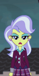 Size: 380x728 | Tagged: safe, screencap, pokey pierce, principal abacus cinch, upper crust, equestria girls, g4, my little pony equestria girls: friendship games, animated, button, canterlot high, clothes, collar, cropped, crystal prep academy uniform, ear piercing, earring, eyeshadow, gif, jewelry, lidded eyes, looking at you, makeup, necklace, piercing, school uniform, singing, skirt, solo focus, unleash the magic, walking
