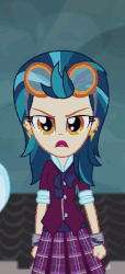 Size: 418x918 | Tagged: safe, screencap, indigo zap, sugarcoat, equestria girls, g4, my little pony equestria girls: friendship games, animated, bowtie, button, canterlot high, clothes, collar, cropped, crystal prep academy uniform, ear piercing, earring, female, gif, goggles, jewelry, looking at you, piercing, school uniform, singing, skirt, solo focus, unleash the magic, wristband