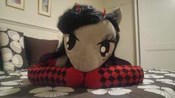 Size: 5312x2988 | Tagged: safe, artist:bigsexyplush, artist:somethingaboutoctavia, octavia melody, demon, demon pony, devil, succubus, succubus pony, anthro, g4, anthro plushie, bed, bedroom eyes, bowtie, close-up, clothes, costume, cute, devil horns, doll, dress, halloween, halloween costume, high res, holiday, horns, irl, jewelry, kneeling, latex, lying, lying down, necklace, nightmare night, nightmare night costume, pajamas, photo, pillow, plushie, shirt, shorts, socks, socktavia, solo, stockings, story, story included, succutavia, tavibetes, thigh highs, top, toy, wings