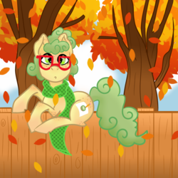 Size: 4000x4000 | Tagged: safe, artist:kiwiscribbles, oc, oc only, oc:kiwi scribbles, autumn, clothes, curly hair, curly mane, fence, freckles, glasses, leaves, scarf, solo, tree