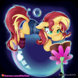 Size: 3000x3000 | Tagged: safe, artist:katakiuchi4u, sunset shimmer, pony, unicorn, g4, book, bubble, clothes, cute, female, flower, high res, mare, patreon, patreon logo, reading, shimmerbetes, smiling, socks